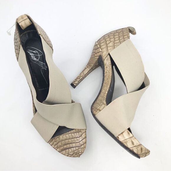 Donald J. Pliner Tan Crisscross Elastic Faux Crocodile Open Toe Heels - Picture 1 of 16